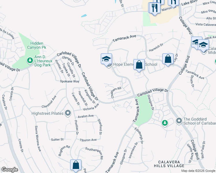 map of restaurants, bars, coffee shops, grocery stores, and more near 2832 Winthrop Avenue in Carlsbad