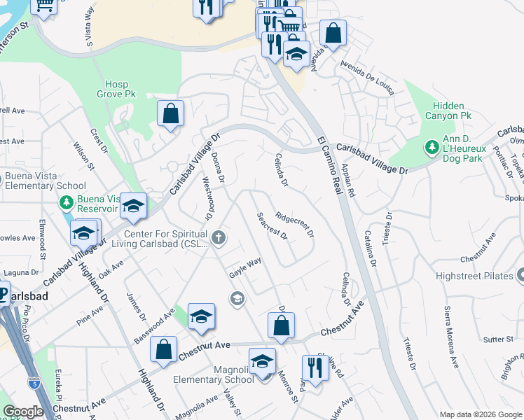 map of restaurants, bars, coffee shops, grocery stores, and more near 3354 Seacrest Drive in Carlsbad