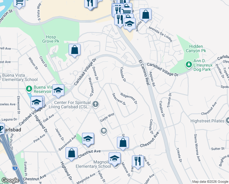 map of restaurants, bars, coffee shops, grocery stores, and more near 3354 Seacrest Drive in Carlsbad