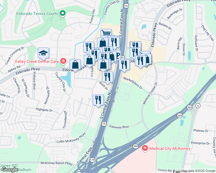 map of restaurants, bars, coffee shops, grocery stores, and more near 3270 South Central Expressway in McKinney