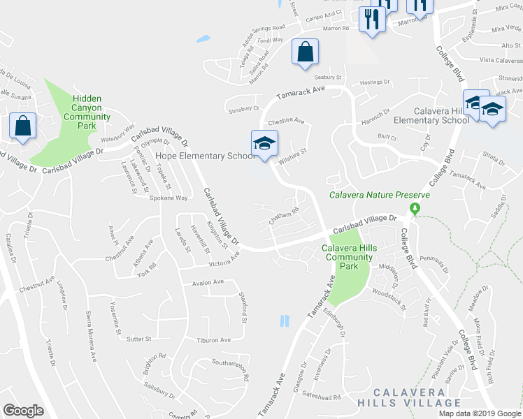 map of restaurants, bars, coffee shops, grocery stores, and more near 2822 Chatsworth Way in Carlsbad