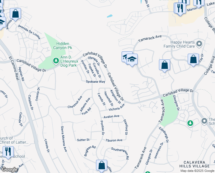 map of restaurants, bars, coffee shops, grocery stores, and more near 3601 Haverhill Street in Carlsbad