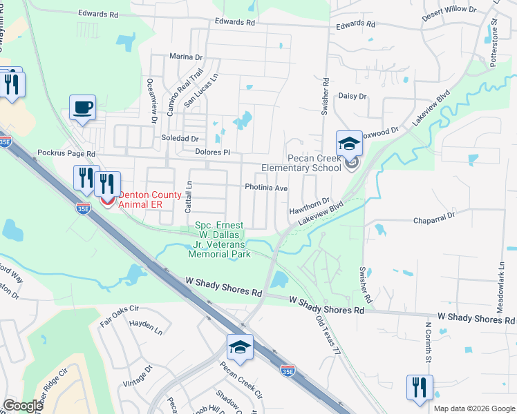 map of restaurants, bars, coffee shops, grocery stores, and more near 4720 Dogwood Drive in Denton