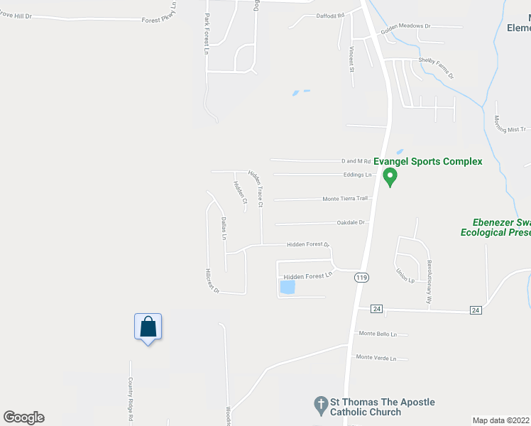 map of restaurants, bars, coffee shops, grocery stores, and more near 136 Hidden Trace Court in Montevallo