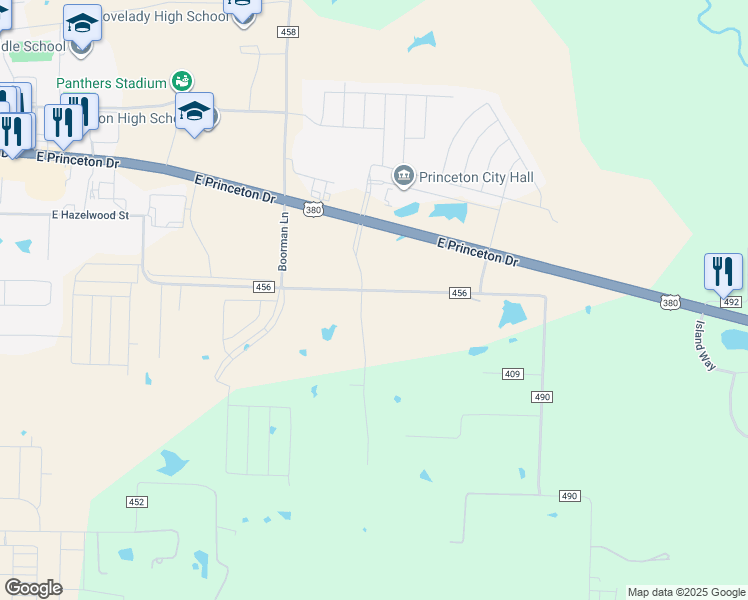 map of restaurants, bars, coffee shops, grocery stores, and more near 102 Avalon Drive in Princeton