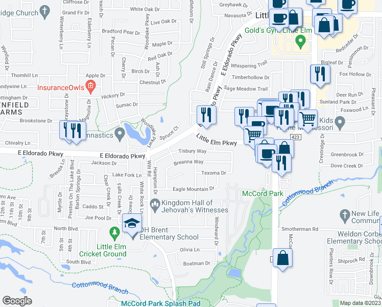 map of restaurants, bars, coffee shops, grocery stores, and more near 2328 Tisbury Way in Little Elm