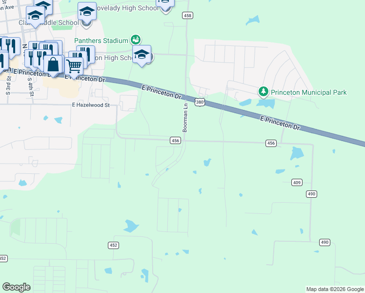 map of restaurants, bars, coffee shops, grocery stores, and more near 1095 County Road 456 in Princeton