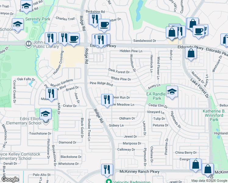 map of restaurants, bars, coffee shops, grocery stores, and more near 3404 Timberland Drive in McKinney
