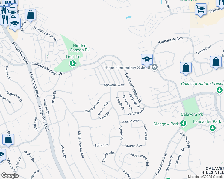 map of restaurants, bars, coffee shops, grocery stores, and more near 3602 Pontiac Drive in Carlsbad