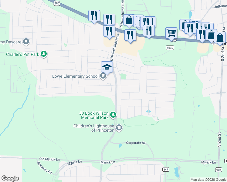 map of restaurants, bars, coffee shops, grocery stores, and more near 801 Silverbell Street in Princeton