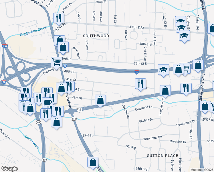 map of restaurants, bars, coffee shops, grocery stores, and more near 412 42nd Street in Tuscaloosa