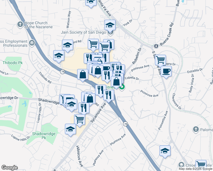 map of restaurants, bars, coffee shops, grocery stores, and more near 1751 University Drive in Vista