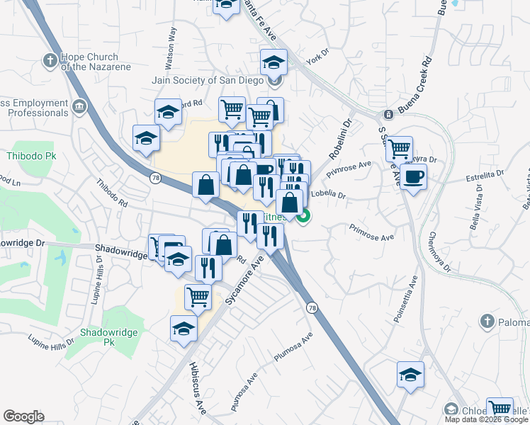 map of restaurants, bars, coffee shops, grocery stores, and more near 1751 University Drive in Vista