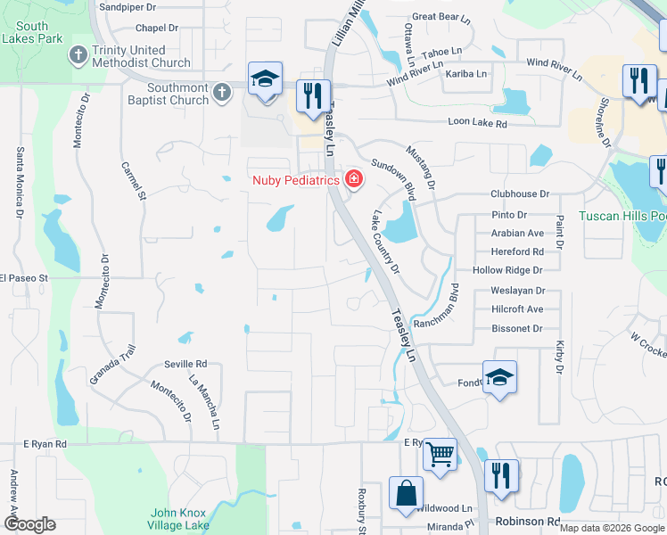 map of restaurants, bars, coffee shops, grocery stores, and more near 2100 Moonsail Lane in Denton
