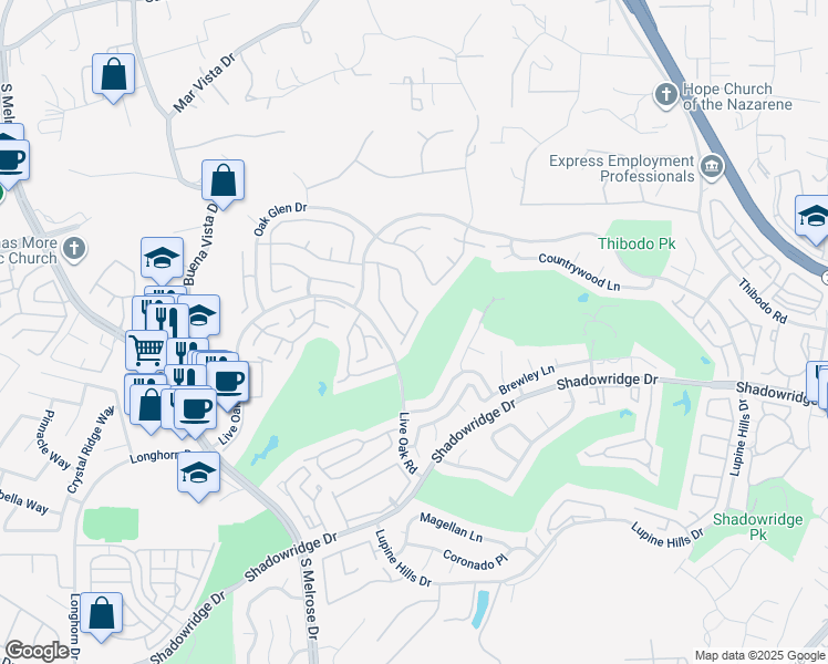 map of restaurants, bars, coffee shops, grocery stores, and more near 1418 Portofino Drive in Vista