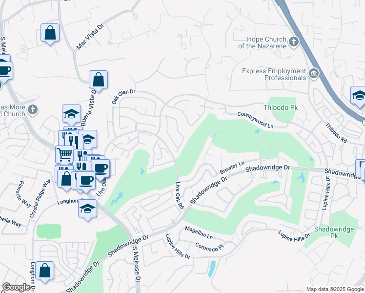 map of restaurants, bars, coffee shops, grocery stores, and more near 1418 Portofino Drive in Vista
