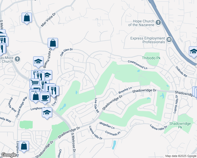 map of restaurants, bars, coffee shops, grocery stores, and more near 1418 Portofino Drive in Vista