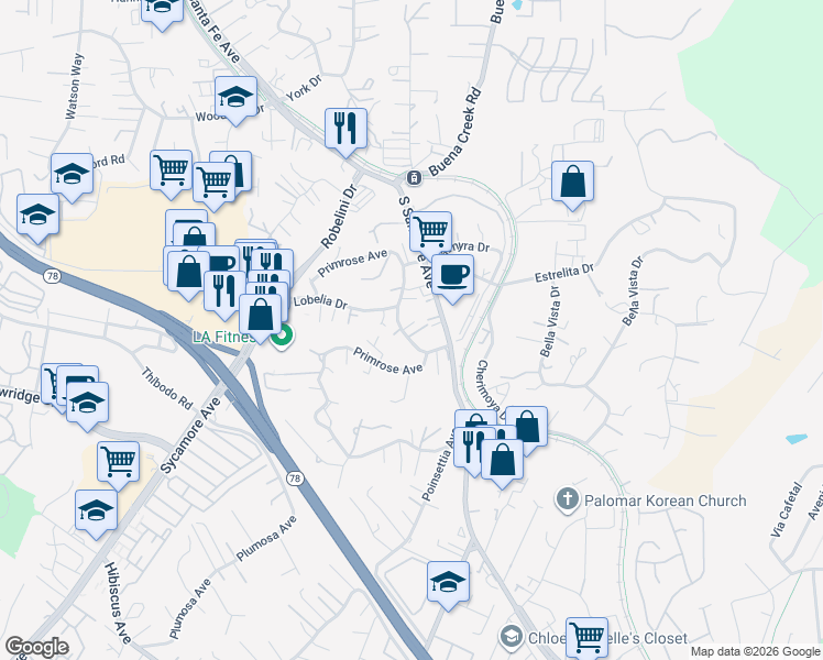 map of restaurants, bars, coffee shops, grocery stores, and more near 121 Azalea Drive in Vista