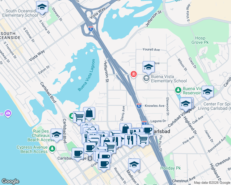 map of restaurants, bars, coffee shops, grocery stores, and more near 2546 Jefferson Street in Carlsbad