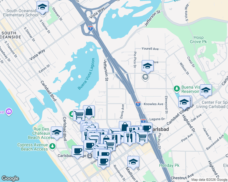 map of restaurants, bars, coffee shops, grocery stores, and more near 2546 Jefferson Street in Carlsbad