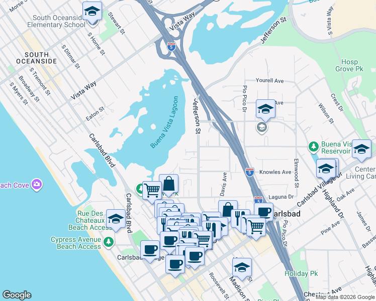 map of restaurants, bars, coffee shops, grocery stores, and more near 2585 Jefferson Street in Carlsbad