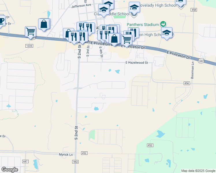 map of restaurants, bars, coffee shops, grocery stores, and more near 413 Oxford Loop in Princeton