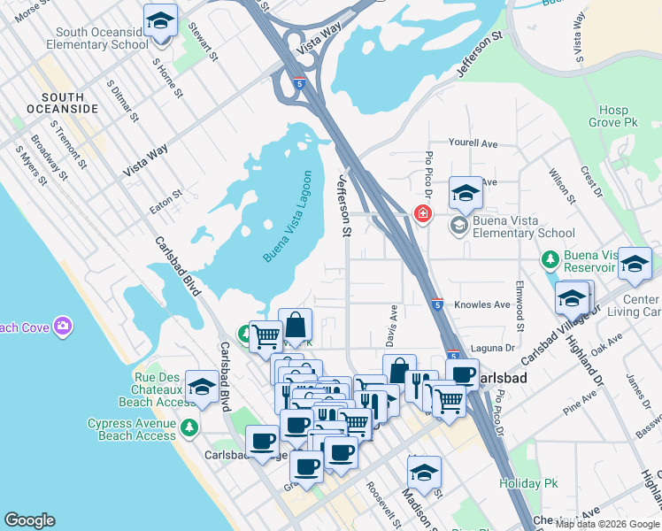 map of restaurants, bars, coffee shops, grocery stores, and more near 2525 Jefferson Street in Carlsbad