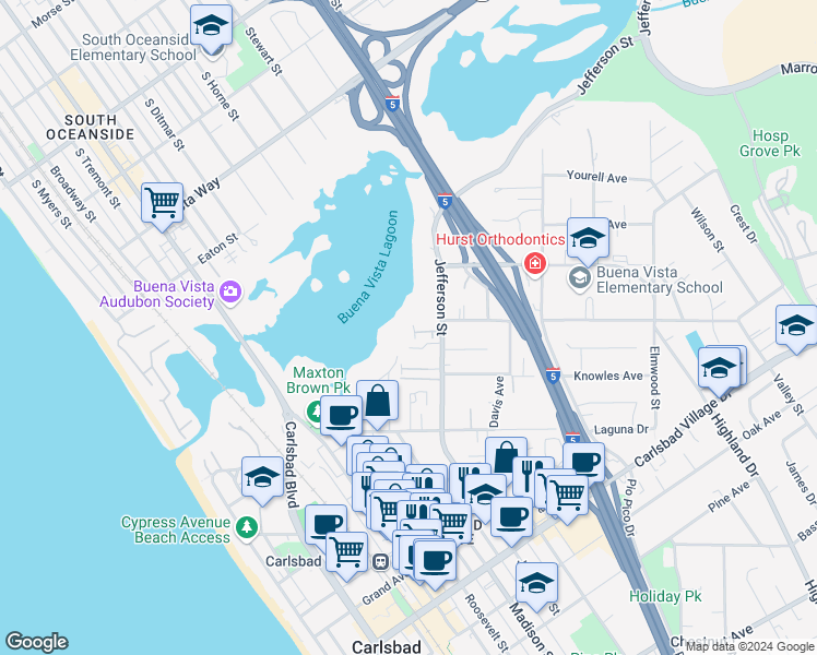 map of restaurants, bars, coffee shops, grocery stores, and more near 2525 Jefferson Street in Carlsbad