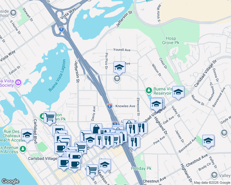 map of restaurants, bars, coffee shops, grocery stores, and more near 1265 Cynthia Lane in Carlsbad