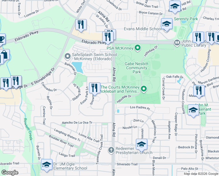 map of restaurants, bars, coffee shops, grocery stores, and more near 3303 Alma Road in McKinney