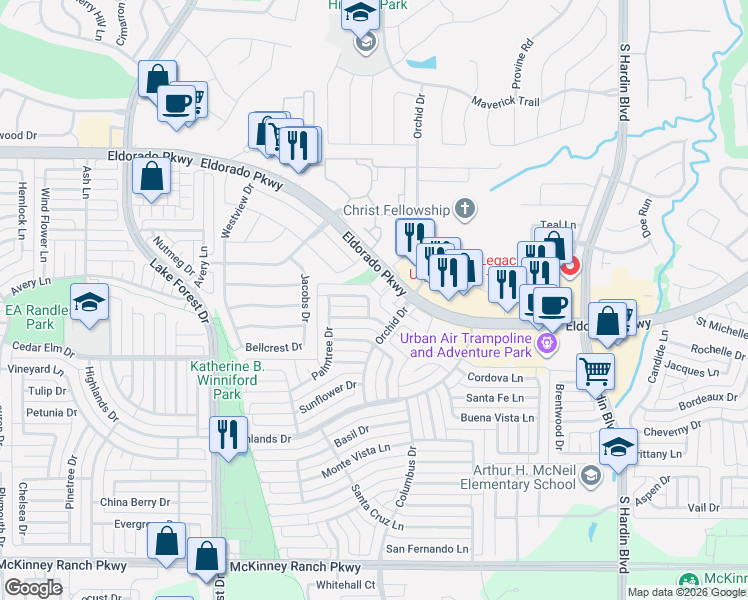 map of restaurants, bars, coffee shops, grocery stores, and more near 4204 Magnolia Drive in McKinney