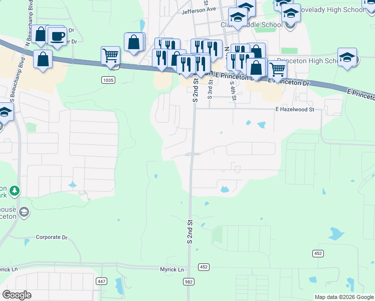map of restaurants, bars, coffee shops, grocery stores, and more near 301 Timbercreek Court in Princeton