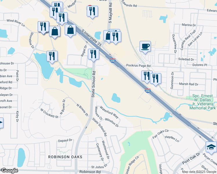 map of restaurants, bars, coffee shops, grocery stores, and more near 3409 State School Road in Denton
