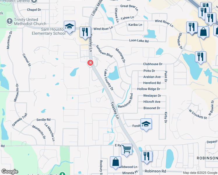 map of restaurants, bars, coffee shops, grocery stores, and more near 3716 Lake Country Drive in Denton