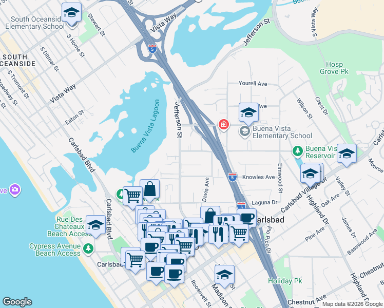 map of restaurants, bars, coffee shops, grocery stores, and more near 2546 Jefferson Street in Carlsbad