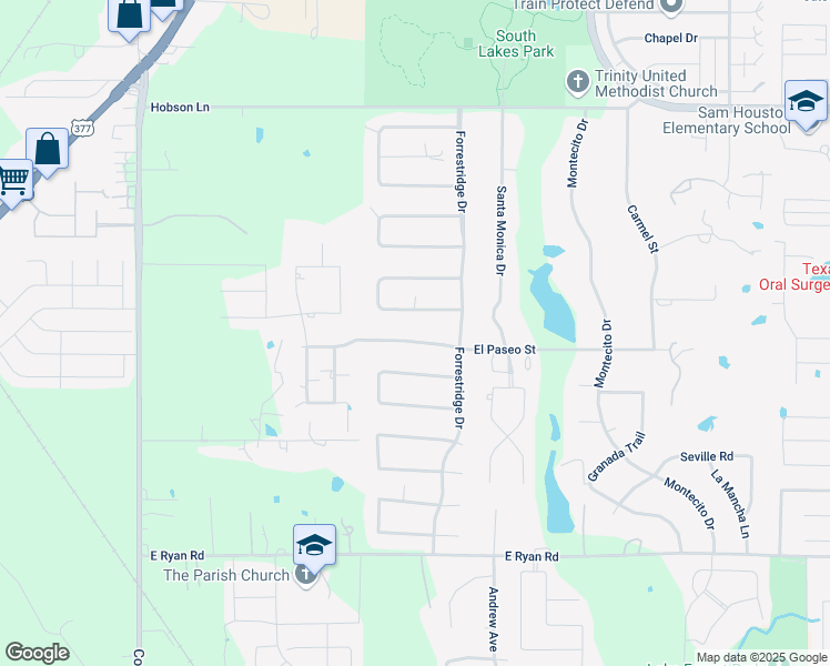 map of restaurants, bars, coffee shops, grocery stores, and more near 211 El Paseo Street in Denton