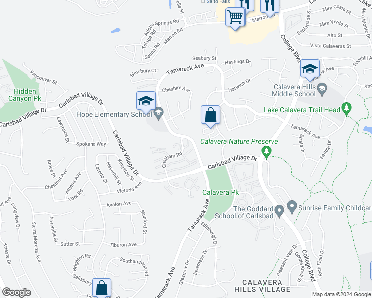 map of restaurants, bars, coffee shops, grocery stores, and more near 3538 Ridgewood Way in Carlsbad