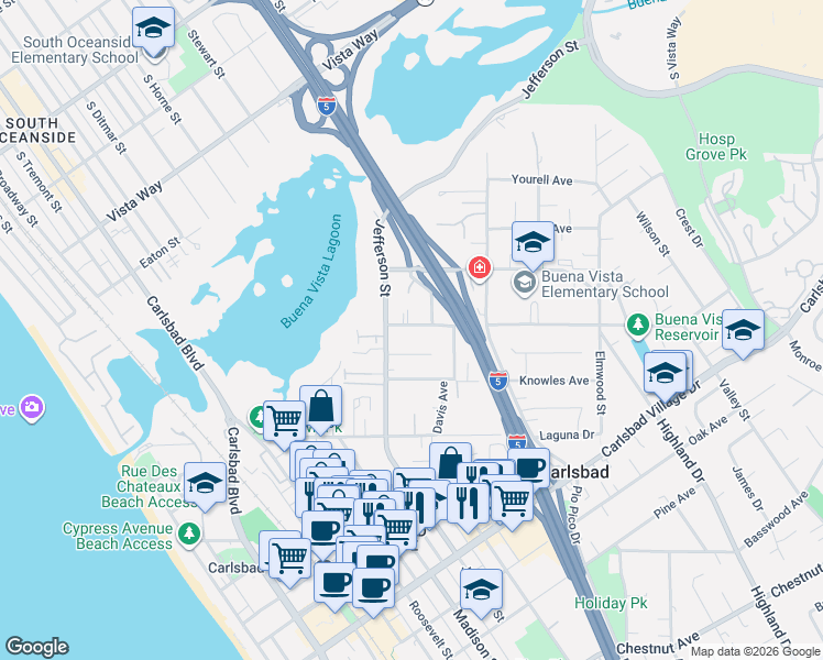 map of restaurants, bars, coffee shops, grocery stores, and more near 2546 Jefferson Street in Carlsbad