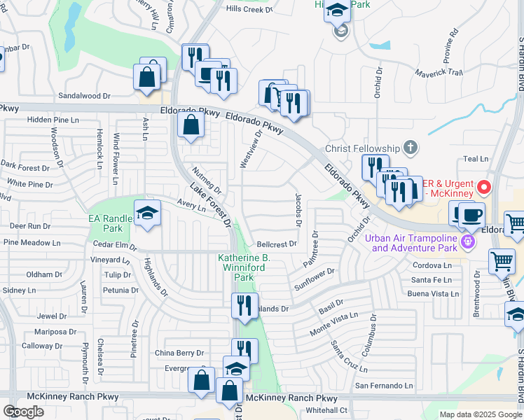 map of restaurants, bars, coffee shops, grocery stores, and more near 4612 Wedgewood Drive in McKinney