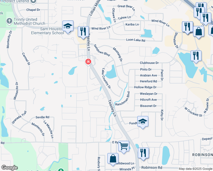 map of restaurants, bars, coffee shops, grocery stores, and more near 3716 Lake Country Drive in Denton