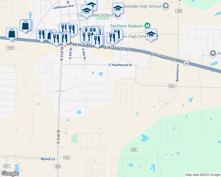 map of restaurants, bars, coffee shops, grocery stores, and more near 527 Oxford Loop in Princeton