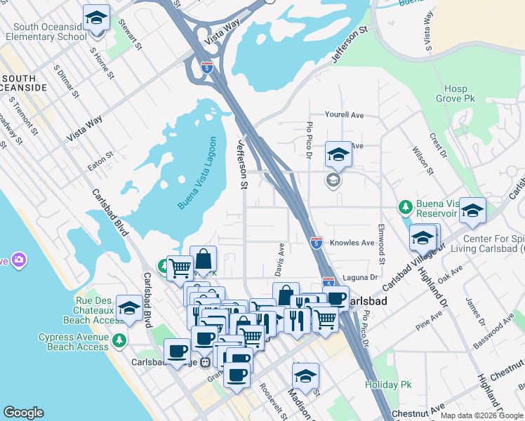 map of restaurants, bars, coffee shops, grocery stores, and more near 1065 Buena Vista Way in Carlsbad