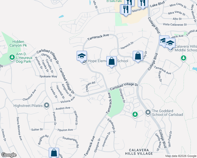 map of restaurants, bars, coffee shops, grocery stores, and more near 3538 Ridgewood Way in Carlsbad