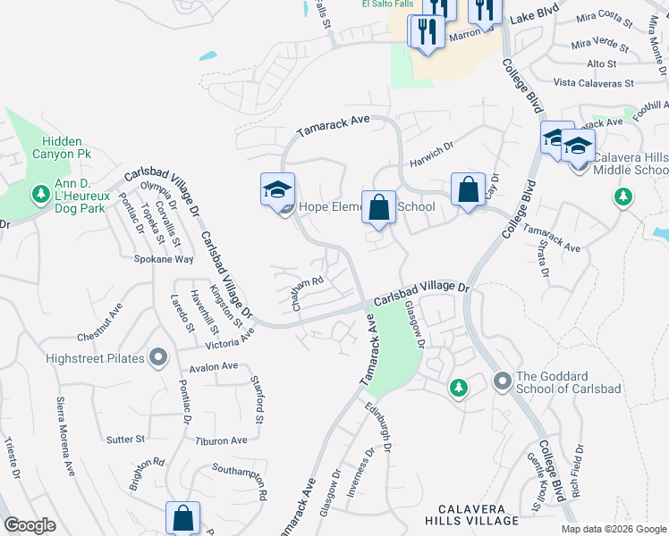 map of restaurants, bars, coffee shops, grocery stores, and more near 3507 Somerset Way in Carlsbad