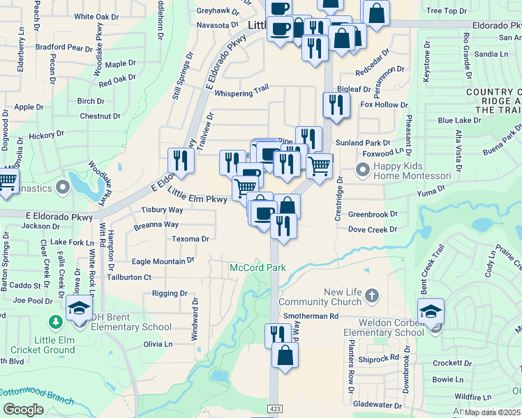map of restaurants, bars, coffee shops, grocery stores, and more near 844 Little Elm Parkway in Little Elm