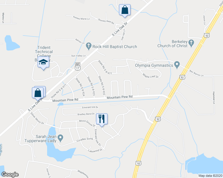 map of restaurants, bars, coffee shops, grocery stores, and more near 107 White Pine Court in Moncks Corner