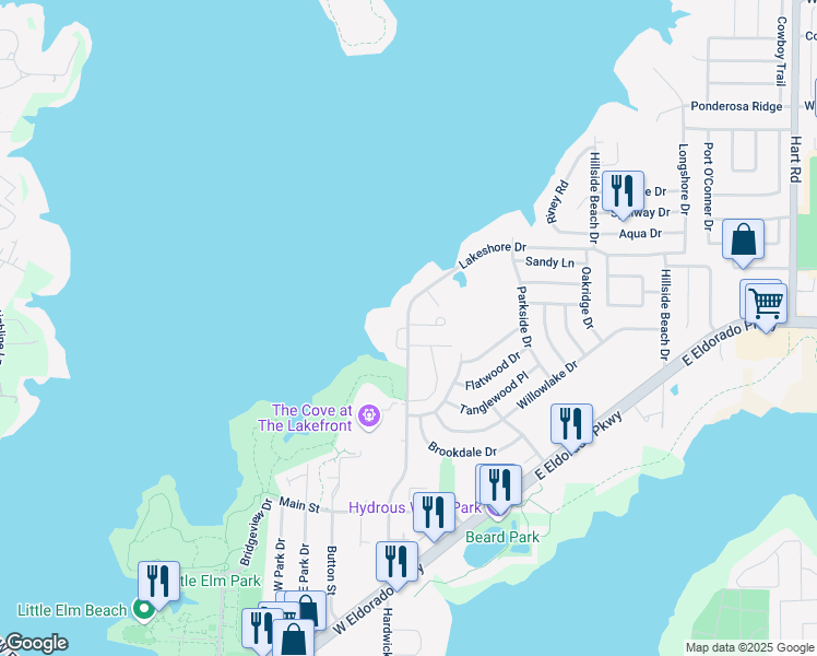 map of restaurants, bars, coffee shops, grocery stores, and more near 545 Lakeshore Drive in Little Elm