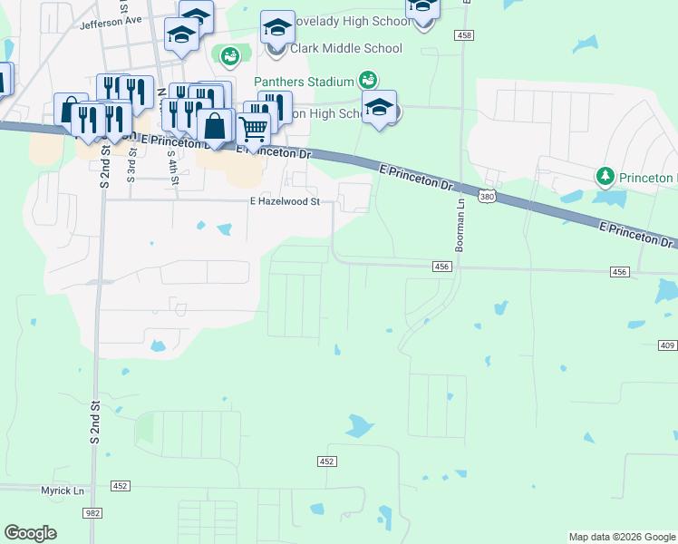 map of restaurants, bars, coffee shops, grocery stores, and more near 911 County Road 456 in Princeton