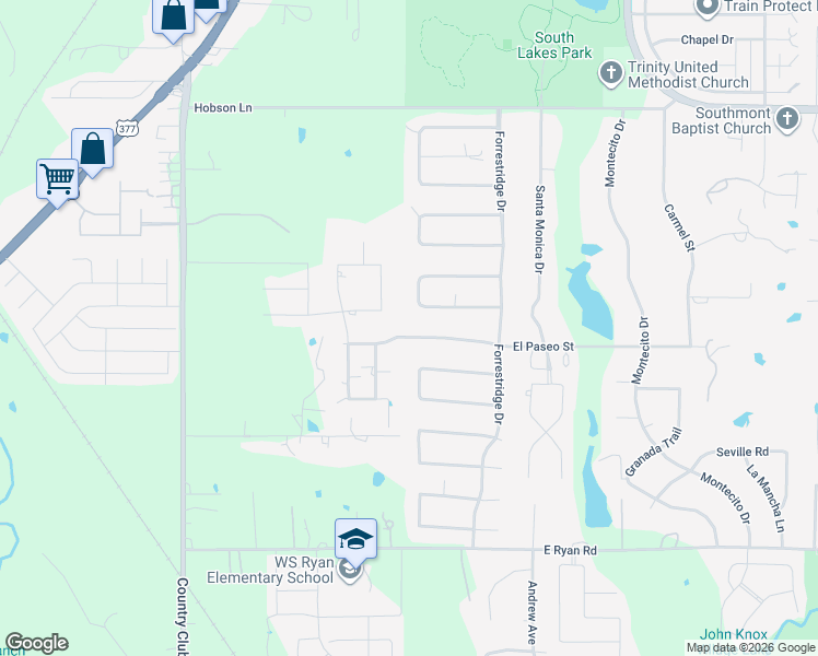 map of restaurants, bars, coffee shops, grocery stores, and more near 29 Rolling Hills Circle in Denton
