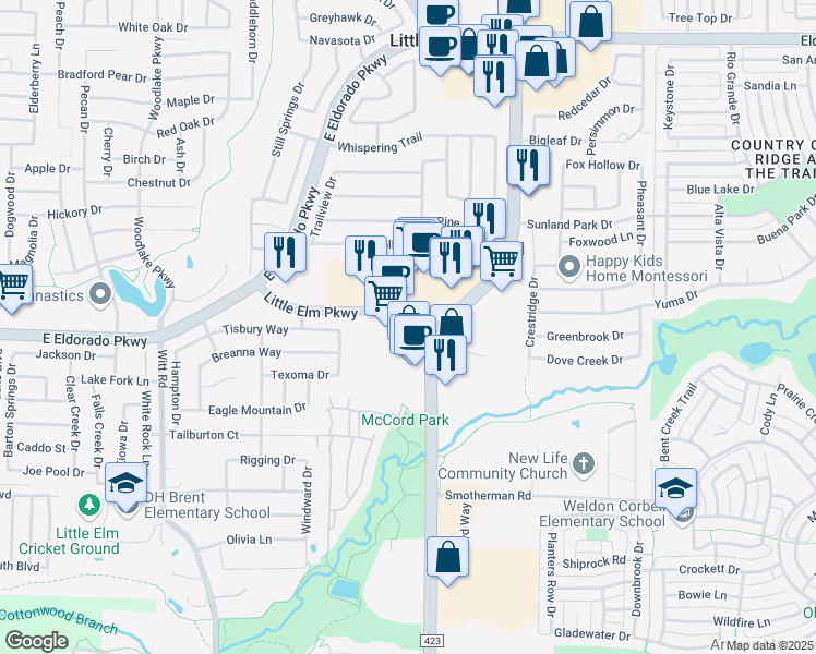map of restaurants, bars, coffee shops, grocery stores, and more near 712 Little Elm Parkway in Little Elm